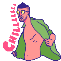 a cartoon drawing of a shirtless man with the word chilling behind him