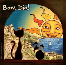 a drawing of a cat looking at the sun with the words bom dia