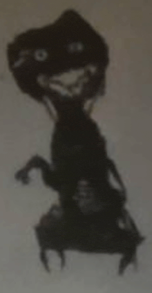 a black and white drawing of a monster with big eyes standing on a horse .