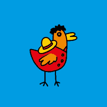 a drawing of a bird wearing a yellow hat and a red jacket