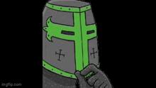 a cartoon of a knight with a green helmet and a cross on it .