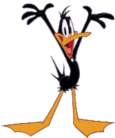 a cartoon character named daffy duck is standing with his arms in the air