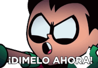 a cartoon character with the words " dimelo ahora " written below him