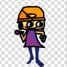 a cartoon character wearing an orange hat and a purple skirt