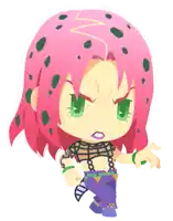 a cartoon character with pink hair and green spots on it