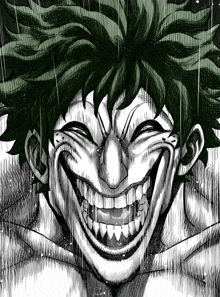 a black and white drawing of a man with a huge smile