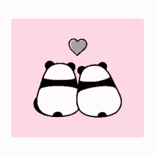 two panda bears are sitting next to each other on a pink background with a pink heart above them .