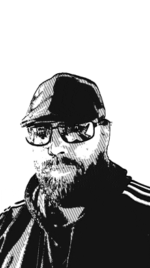 a black and white drawing of a man with a beard wearing glasses and a hat