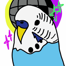 a colorful drawing of a parakeet with a disco ball in the background