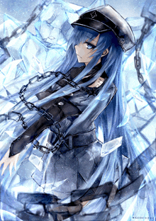 a drawing of a girl with blue hair and chains around her