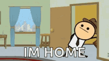 a cartoon character is standing in a room with a door open and the words `` im home '' written on the floor .