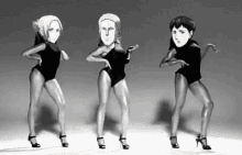 three anime characters are dancing in swimsuits and heels .