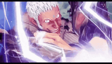 a cartoon character with a gray haired head is smiling and holding a sword .