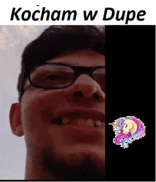 a close up of a man wearing glasses with the words kocham w dupe