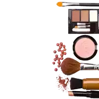 a variety of makeup brushes and powders are laid out on a white background