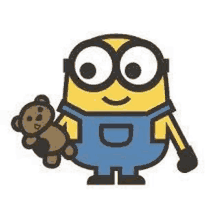 a cartoon minion is holding a teddy bear in his hand .