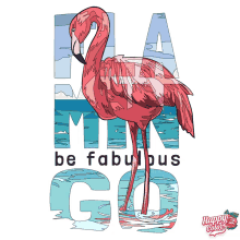 a flamingo is standing in the water with the words " fla min be fabulous go " below it