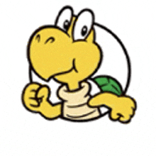 a cartoon of a yellow turtle with a green leaf on it 's arm .