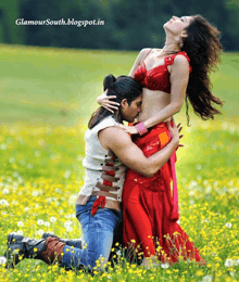 a man kissing a woman 's belly in a field with the website glamoursouth.blogspot.in visible