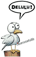 a cartoon bird with a speech bubble above it that says delulu