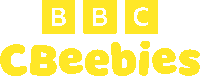 bbc cbeebies is written in yellow letters on a white background