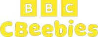 bbc cbeebies is written in yellow letters on a white background