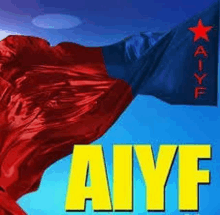 a red and blue flag with the word aiyf on it