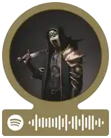 a picture of a man with a mask holding a sword and a spotify sticker
