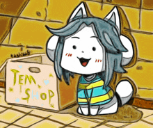 a cartoon drawing of a dog sitting next to a box that says tem shop