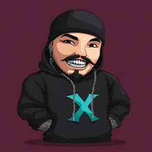 a cartoon drawing of a man wearing a black hoodie with a blue x on it