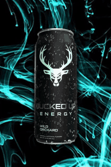 a can of bucked up energy drink with a deer head on it