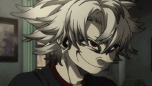 a cartoon character with white hair and red eyes is making a face