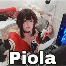 a girl in a cosplay is giving a thumbs up while holding a can of monster energy drink .