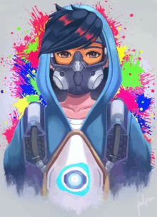 a painting of a person wearing a gas mask and a blue hoodie