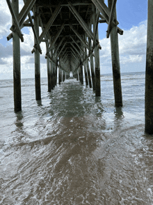 a pier with a lot of pillars going into the ocean