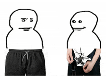 a drawing of a person wearing black shorts and a drawing of a person holding a picture of a man