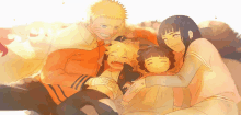 a cartoon of a family laying on a bed