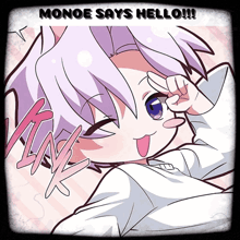 a cartoon of a girl with the words monoe says hello below her