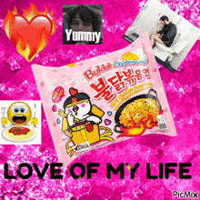 a pink bag of buldak carbonara chicken flavored ramen