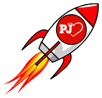 a red and white rocket with the letter pj in the middle