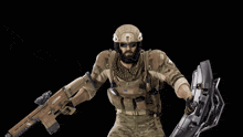 a soldier holding a gun and a shield with a y on it