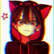 a colorful drawing of a boy wearing a cat ear hood .