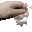 a pixel art of a hand holding a bottle of water .