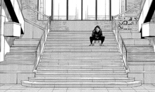 a black and white drawing of a person sitting on the stairs .