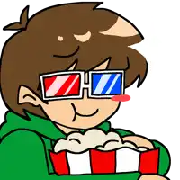 a cartoon character wearing 3d glasses eating popcorn