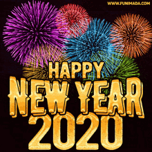 a happy new year 2020 greeting card with fireworks behind it