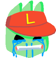 a cartoon character wearing a red hat with the letter l on it is crying