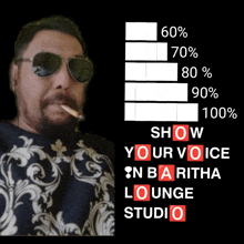 a man smoking a cigarette next to a poster that says show your voice on baritha lounge studio