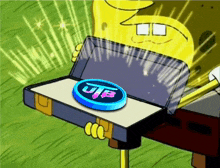 spongebob is holding a briefcase with a coin in it that says ub on it