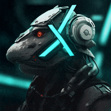 a robot with a helmet and headphones with a blue x on it